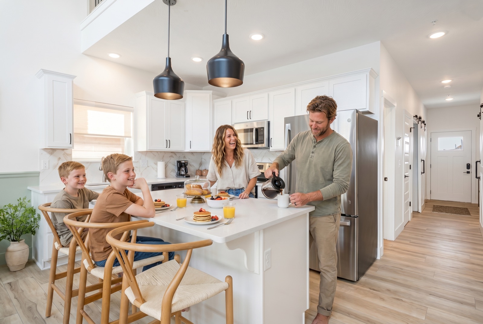 AI Lifestyle photo: family of four enjoying breakfast in a short-term rental kitchen