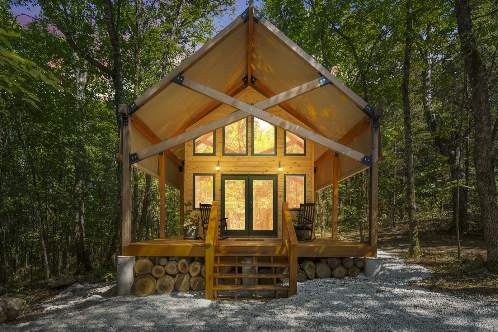 Lit cabin at twilight, Branson